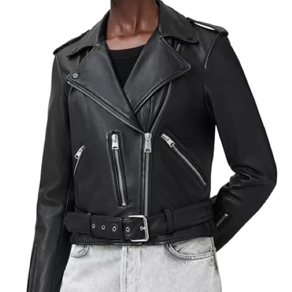 All Saints Balfern Leather Biker Jacket Black Silver
